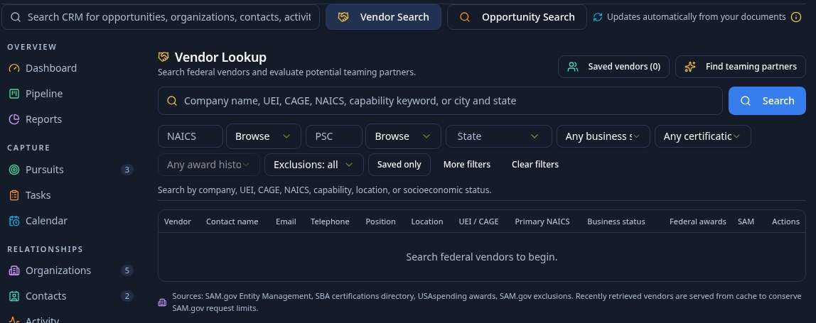 Vendor Lookup panel with search field, filters, and results table